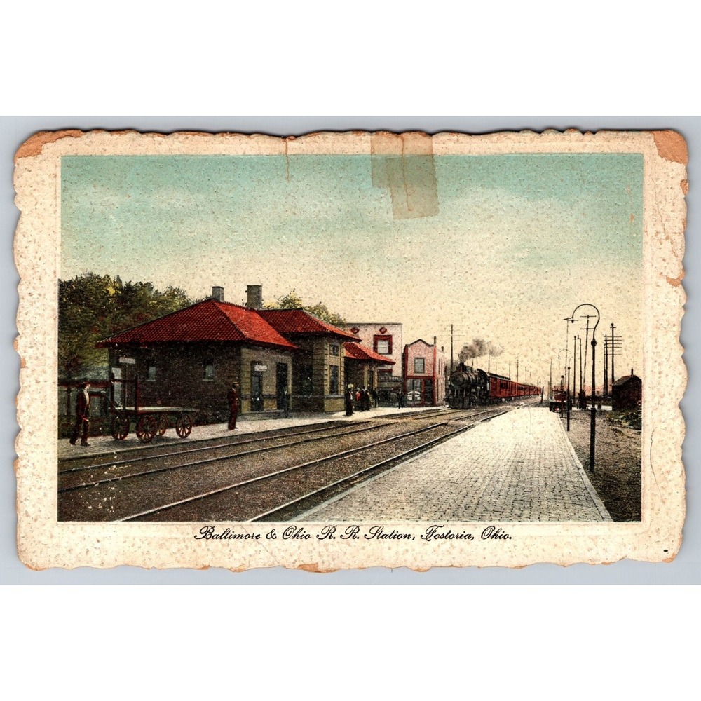 Fostoria Ohio B&O Railroad Station Steam Train Postcard 1910s Made in Germany